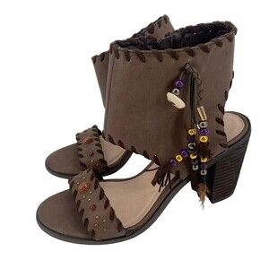 Volatile Women's Size 9 Boho Heeled Sandal Brown Beaded Fringe southwestern